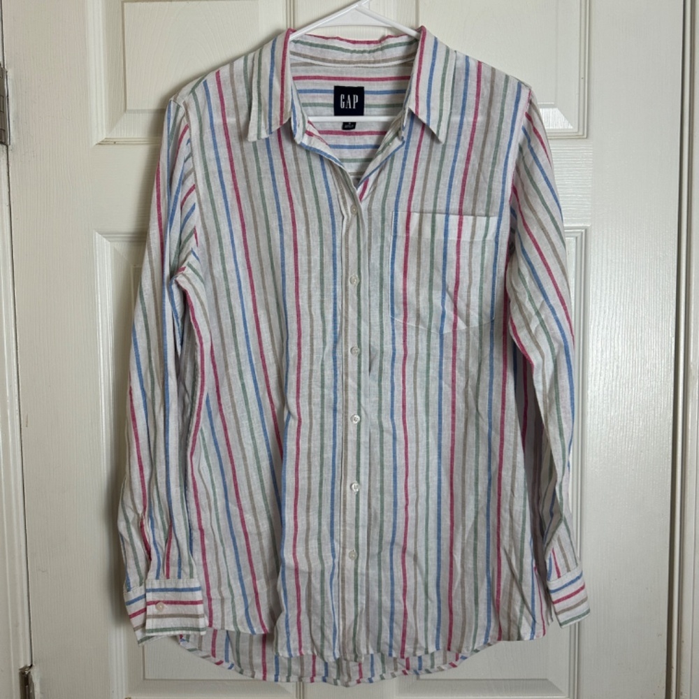 ! GAP Multicolor Striped Linen Blend Beachy Long Sleeve Big Shirt Women Size S
